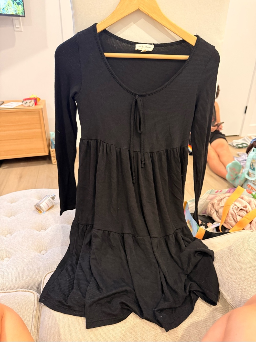 See You Monday Black Long-Sleeve Tie-Front Tiered Dress